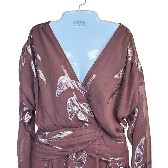 New ASOS DESIGN Wrap Mini Dress Mocha Gold Metallic Floral Sheer Back Sz 14 - Picture 2 of 9